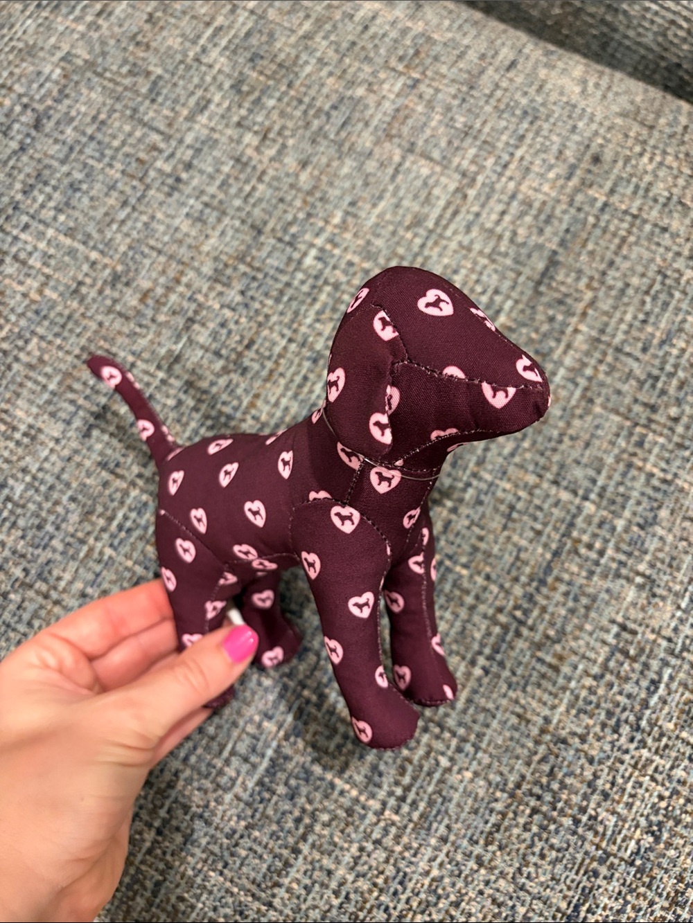 Plush Dog Toy in Burgundy with Pink Heart Pattern - Picture 1 of 2
